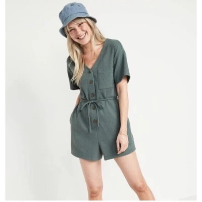 Old Navy Short Sleeve Utility Romper Textured Green Button Front Pockets Small - Image 1 of 4