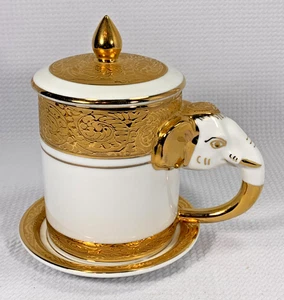Thai Gilded Porcelain Tea Cup Set w/ Elephant Handle, Lid & Saucer - Picture 1 of 9