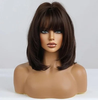 Peluca - Mezcla de Cabello Humano - Largo Recto Capas Marrón Oscuro Brazalete Resistente al Calor Foto 1 de 4