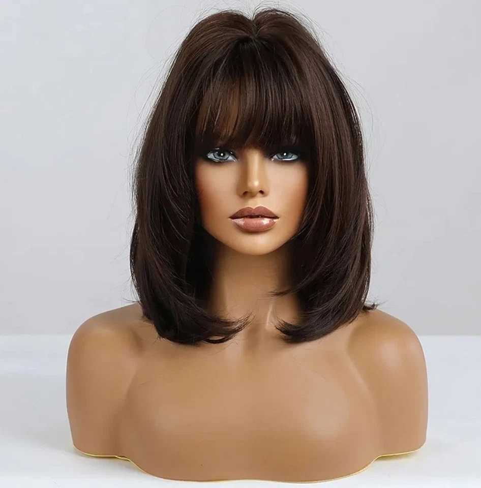 Peluca - Mezcla de Cabello Humano - Largo Recto Capas Marrón Oscuro Brazalete Resistente al Calor Foto 1 de 4