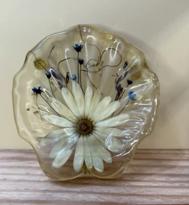 VTG MCM Lucite Resin Shell Shaped Soap Dish Pressed Flowers Daisy Blue Brown 70s - Picture 1 of 7