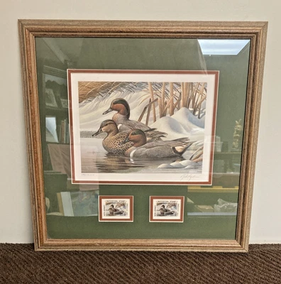 Estampilla e impresión enmarcada de aves acuáticas de Nueva Jersey 1988 por Rob Leslie #586/10.011 Foto 1 de 4