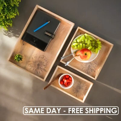 Handmade Wooden Serving Tray Set - Decorative Food Tray with Floral Engraving - Image 1 of 4