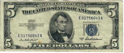 1953A 5$ Silver Certificate - Blue Seal - IBP/RBA E01756643A - #13611 - Image 1 of 2