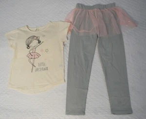 Girls LITTLE BALLERINA Ivory S/S T-Shirt GRAY LEGGINGS Pink Tulle Skirt XS 4-5 - Picture 1 of 1