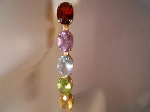 QVC 14K YELLOW GOLD GARNET AMETHYST TOPAZ PERIDOT CITRINE DANGLING EARRINGS 38MM - Picture 1 of 16