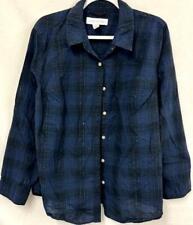 Pure Energy blue black plaid metallic shimmer buttoned long sleeve top 2X