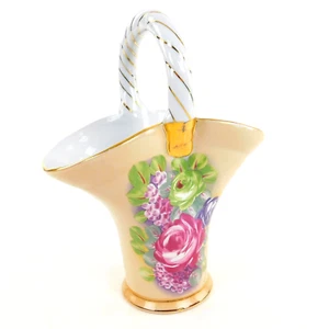 Porcelian Basket Vase Hand Painted Gold Trim, Pink Floral with Handle, 9" Tall - Picture 1 of 11