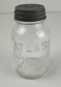 Vintage Atlas Strong Shoulder Mason Glass Miniature Bank Screw Metal Lid - Bild 1 von 12