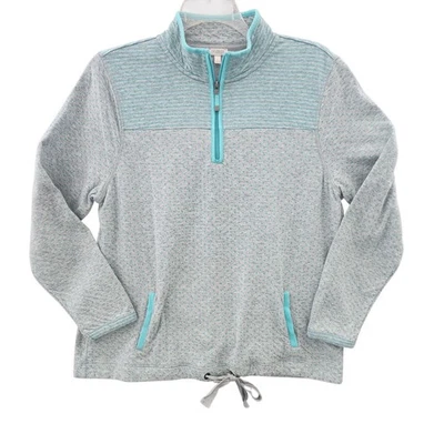 Talbots Womens 1/4 Zip Pullover Sz L Gray Light Green Stripes Polka Dots Pockets - Image 1 of 4