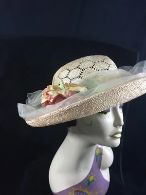 Peachy straw hat with pink silk flower & gauze 22.5" L, (#8253) - Image 1 of 4