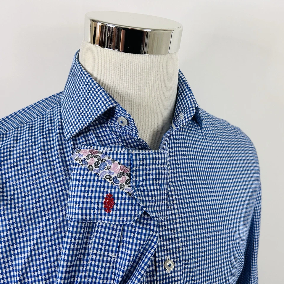 Robert Graham 15 33/34 Dress Shirt Blue White Knit Plaid Paisley Trim Cotton - Image 1 of 4