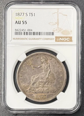 1877 S T$1 90% Silver Trade Dollar NGC AU 55, Semi-Key Date - Image 1 of 4