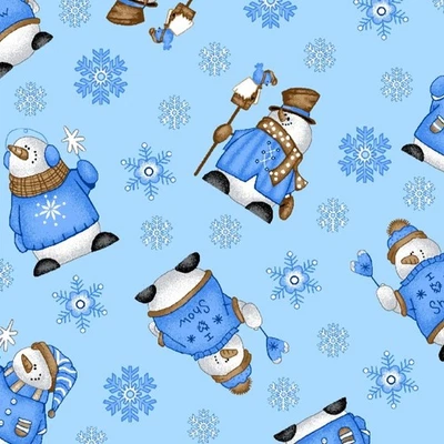 BOLT END 31 INCHES Snowmen and Snowflakes on Blue Cotton Flannel Fabric - Image 1 of 3