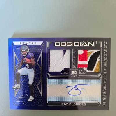 Zay Flowers RPA RC 2023 Panini Obsidian Purple Ink #RJI-ZFL 3/3 Bookend Ravens - Image 1 of 3