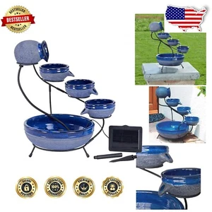 Solar-Powered 4-Tier Ceramic Fountain with Rustic Blue Finish - Outdoor Décor - Picture 1 of 10