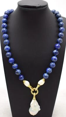 Collar colgante de perlas barrocas blancas gemas redondas de lapislázuli azul de 6/8/10 mm 18 pulgadas Foto 1 de 4