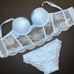 Victoria's Secret 34B BOMBSHELL LONGLINE BRA SET XS Panty Baby BLUE lace - Picture 1 of 3