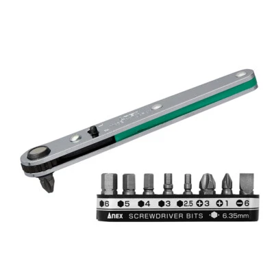ANEX Japan Thin offset ratchet driver Set 9pc 425-9B PH1,2,3,/HEX 2,5 .3.4.5./-6 - Image 1 of 4