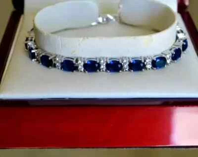 14K White Gold Plated 9Ct Oval Cut Lab-Created Sapphire Tennis Bracelet Women's - Image 1 of 4