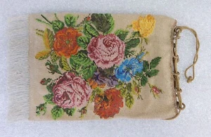 Antique large micro beaded mesh drawstring purse bag Victorian floral roses - Bild 1 von 5