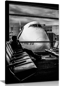 Black & White Man Waiting for his Plane Framed Canvas Print Wall Art Home Decor - Picture 1 of 6
