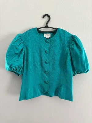 Blusa Jacquard Vintage Adrianna Papell 100% Seda Manga Corta Abullonada Azul Talla 16 Foto 1 de 4