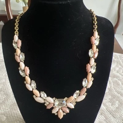 J  Crew Sand Beige Peach Rhinestone Statement Necklace Gold Tone Acrylic 18" - Image 1 of 4
