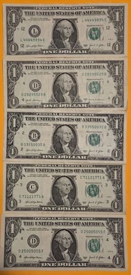 Lot of 5 Trinary Fancy Serial Number Mixed Series $1 Dollar Bills 2017A and 2021 - Image 1 of 4