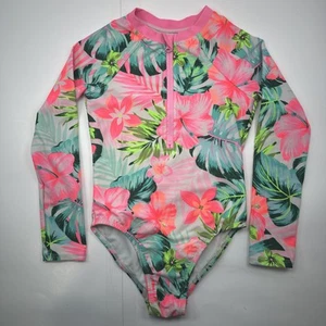 Wondernation 5T Girls Swimsuit Rashguard Long Sleeve 1/2 Zip Hawaiian Floral - Picture 1 of 11