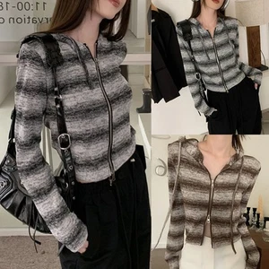 Casual Contrast Striped Zip Up Hooded Sweater for Female Spring Autumn - Picture 1 of 28