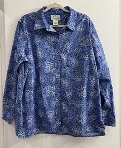 Quacker Factory 1X Blue Leopard Print Rhinestone Button Down Shirt Jeweled EUC - Picture 1 of 8