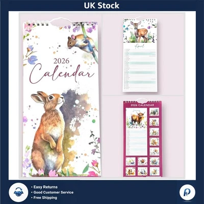 Compact 2026 Watercolour Animal Calendar, Spiral Binding, 30x14cm Gift Option - Image 1 of 4