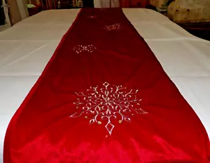Santa's Best Red Christmas Eve Snowflake Embroidered Velvet Runner 15" x 70" - Picture 1 of 4