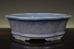 Japanese Bonsai Pot Tokoname EIMEI 7.3"(18.5cm) Blue Glazed Oval Mokko L353 - Picture 1 of 6