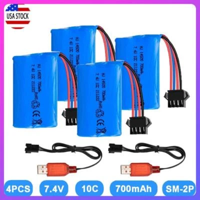 4pcs 7.4V 700Mah SM-4P Plug Li-ion Battery Pack + USB Charger for UDI902 RC Boat - Image 1 of 4