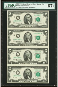 1976 $2 Federal Reserve*STAR*note-UNCUT Sheet of 4--PMG 67 EPQ-Finest Graded! - Picture 1 of 6
