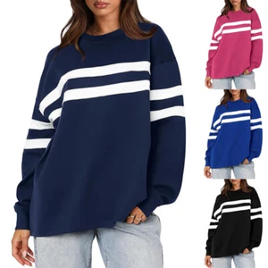 UK Womens Casual Pullover Long Sleeve Striped Hoodies Sweatshirt Loose OVERSIZED - Picture 1 of 30