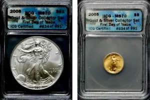 2005 1/10 oz Gold Eagle & 1 oz Silver Eagle lCG MS70 FDOI 2 Coin Set BG43 - Picture 1 of 8