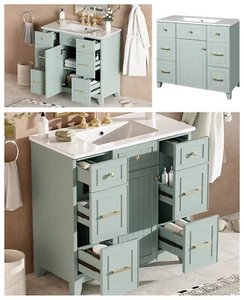 36-Inch Wood Bathroom Vanity with Ceramic Sink Adjustable Shelf Soft-Close Doors - Picture 1 of 15