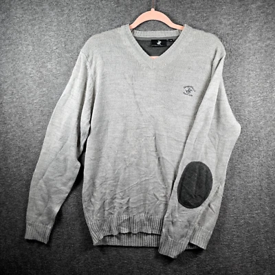 Beverly Hills Polo Club Men M Grey Gray Pullover Sweater Elbow Patches Logo - Image 1 of 4