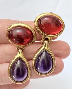 Vintage Cabochon Dangle Clip Earrings Jewelry Philippe Ferrandis Galactica Style - Picture 1 of 7