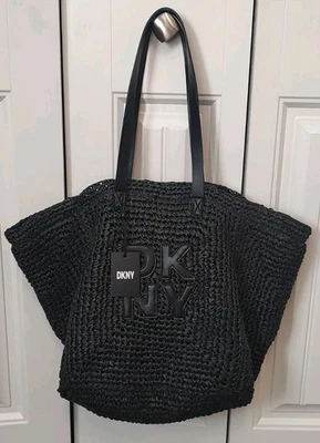 New DKNY Paloma Black Natural Weave with Stitched Logo Large Tote Bag MSRP $148 - Image 1 of 4