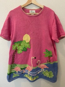 Suéter Vintage Quacker Factory Mujer Talla L Rosa Flamenco Bordado Florida - Imagen 1 de 10
