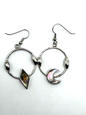 PENDIENTES COLGANTES ARO PLATA ABULÓN INCRUSTACIÓN DIAMANTE LUNA DESAJUSTADO BOHO Foto 1 de 4