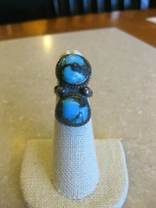 Anillo largo vintage de ley del suroeste con 2 piedras turquesa, talla 4 / ENVÍO GRATUITO  - Imagen 1 de 7