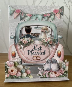 Handmade 5"x4" Pop-Up Stepper Card - Wedding Car Themed Card "Just Married" - Picture 1 of 3