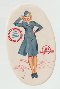 TWA TRANSCONTINENTAL LETS GO USA PATRIOTIC SALUTING STEWARDESS LUGGAGE LABEL - Picture 1 of 1