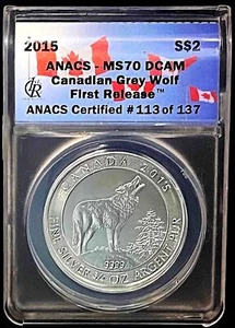 2015 SILVER CANADA $2 GRAY WOLF  3/4oz COIN ANACS MINT STATE 70 FIRST RELEASE - Picture 1 of 2