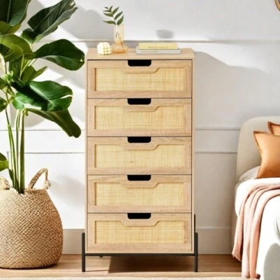 Cómoda de 5 cajones tocador para dormitorio alto mesita de noche superior de madera armario de almacenamiento Foto 1 de 4